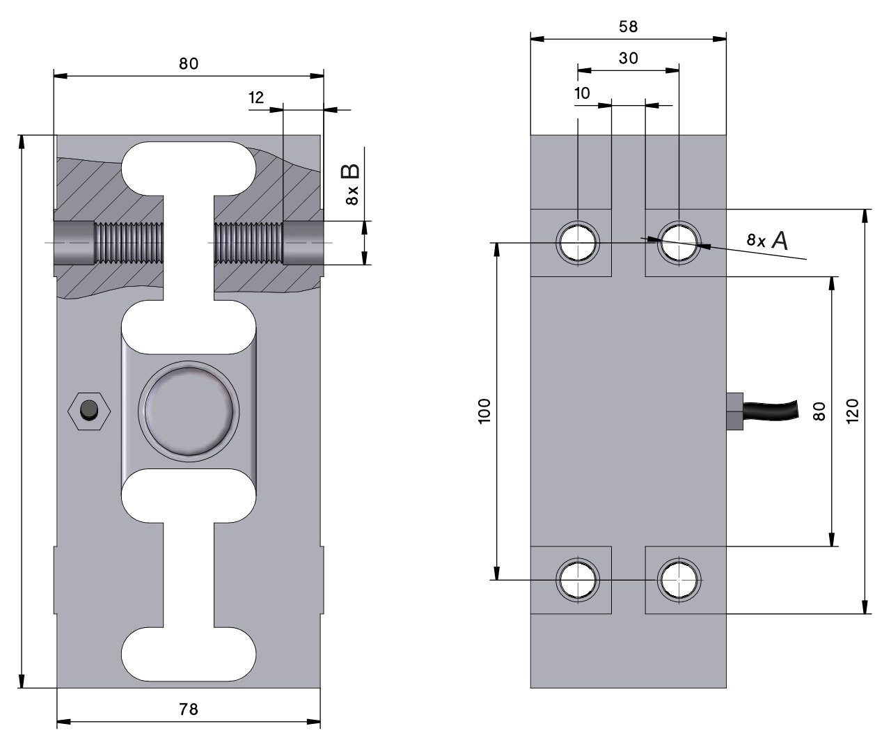 Technical drawing K90S shear beam load cell